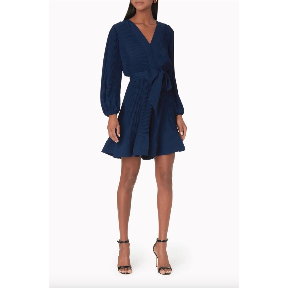 NWT Milly Liv Pleated Navy Mini Dress 12 Tie Waist V Neck Cocktail Party $395